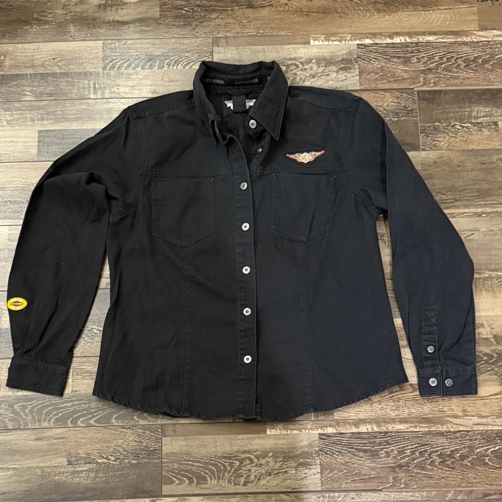 Vintage Harley-Davidson Black Long-Sleeve Button-Down Shirt with Wing Patch